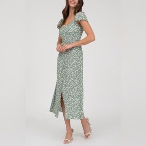 Green Floral Midi Dress with Front Slit